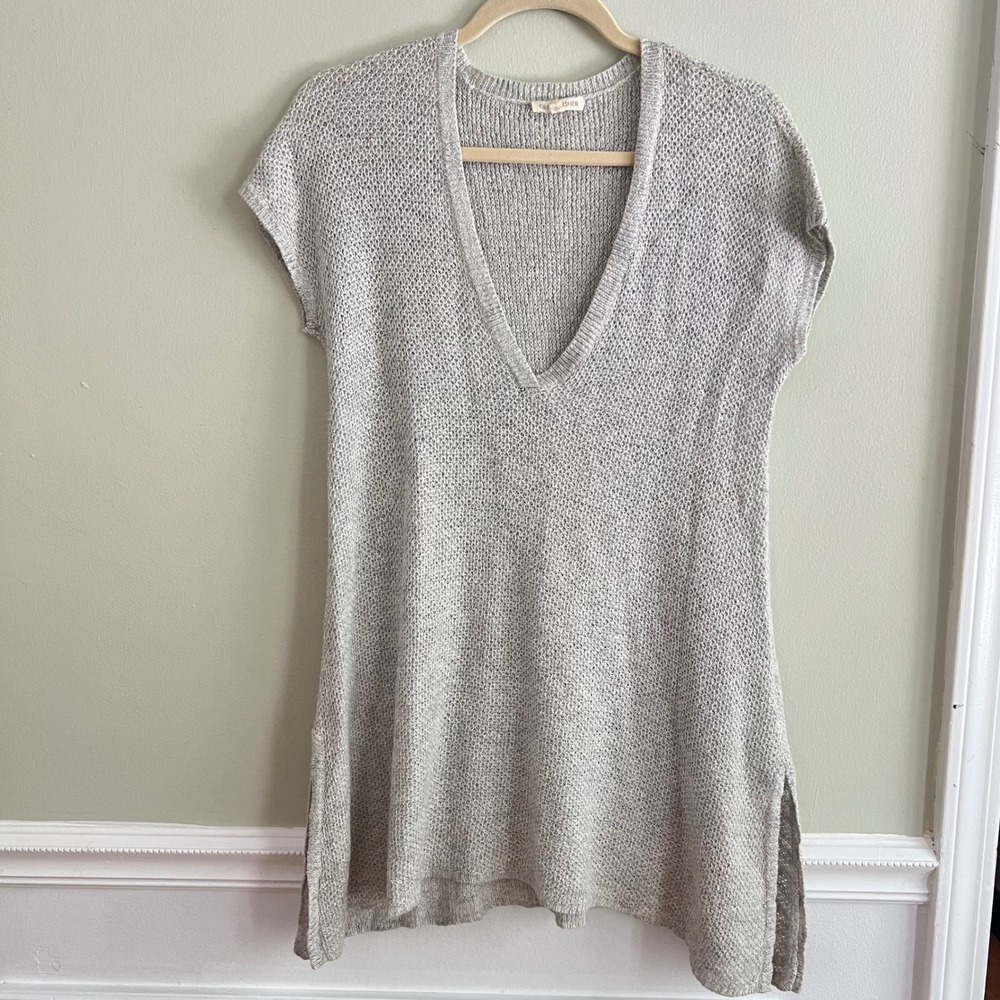 Eileen Fisher Tunic Sweater Womens M Linen Blend V-Neck Short Sleeve Gray Boho - Picture 9 of 13